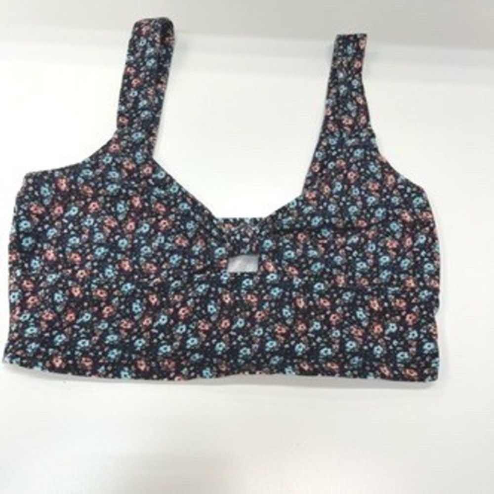 Navy Blue Ditsy Floral Knot Front Crop Top Sleeveless V-Neck Keyhole Tank